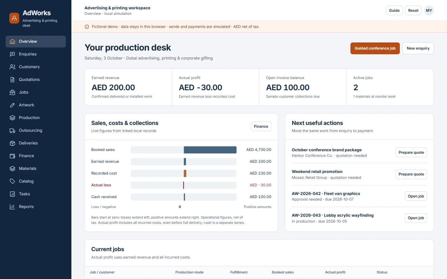 AdWorks fictional advertising and printing dashboard showing earned AED revenue, actual costs, job profit and production queues