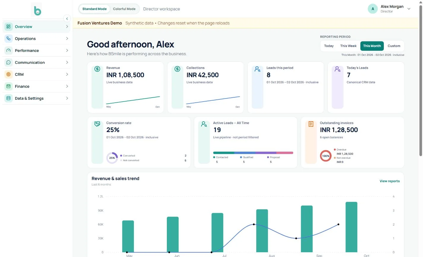 Besmile Director dashboard showing business KPIs, revenue trends, finance overview and lead pipeline
