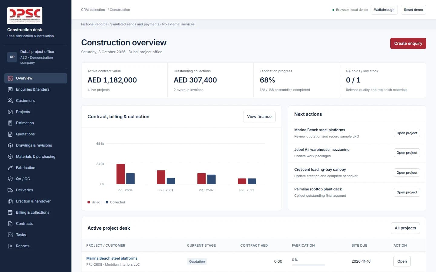 Construction Desk fictional steel project dashboard with AED contracts, collections, workflow gates and project progress