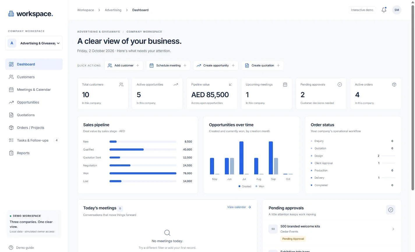 Multi-Company CRM dashboard showing fictional customers, sales pipeline, company-specific order stages and meeting activity