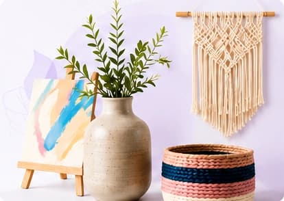 Creative handmade objects with pottery, painting, macrame and baskets